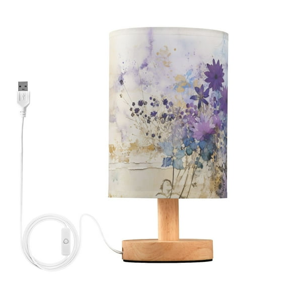 Floral Purple Bedside Table Lamp LED Warm Lights with USB Charging Port Retro Cylinder Desk Lamps