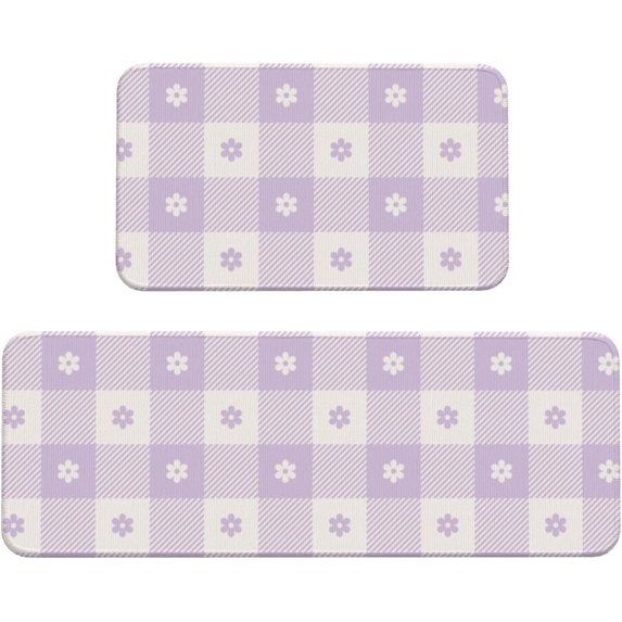 Floral Purple Buffalo Plaid Kitchen Mat 2PCS Kitchen Rugs, Cushioned Anti Fatigue Non Skid Waterproof Floor Mats for Home,Office,Sink,Laundry,Desk