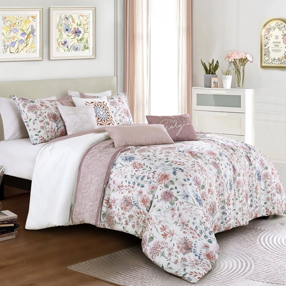 Floral Purple Comforter Set Queen Size - ESCA 7-Pieces Hazel Floral Bedding Set