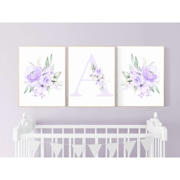 Floral Purple Flower Initial Nursery Wall Art Print, Nursery And Gallery Wall Decor