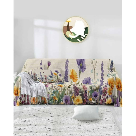 Floral Purple Sofa Couch Covers for 3 Cushion Couch,Washable L Shape Sectional Sofa Covers for Loverseat,Flowers Watercolor Daisy Lavender Spring Summer Slipcover Throw Blanket Futon Cover 71x134