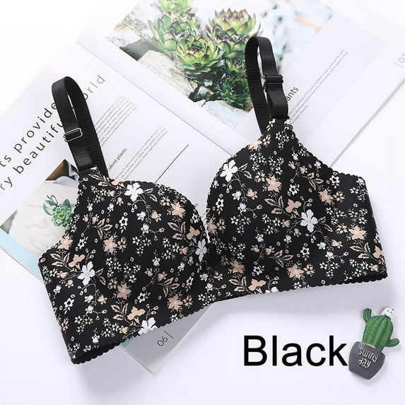 Floral Push Up Seamless Bra Sexy Lingerie Flower Print Gathered Bras One-Piece Underwear Black 36 B