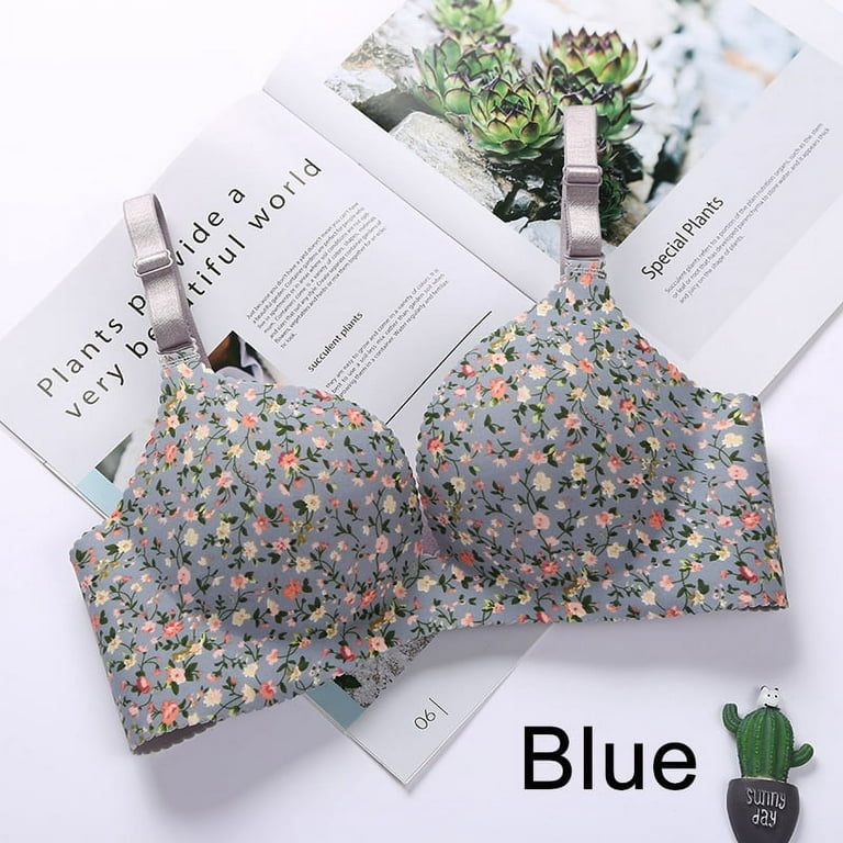 Floral Push Up Seamless Bra Sexy Lingerie Flower Print Gathered Bras  One-Piece Underwear Blue 32 C