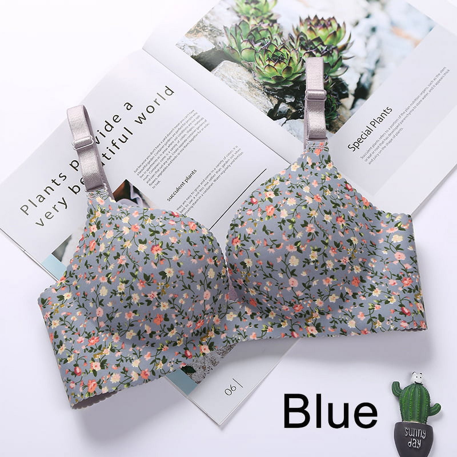 Floral Push Up Seamless Bra Sexy Lingerie Flower Print Gathered Bras  One-Piece Underwear Blue 38 B 
