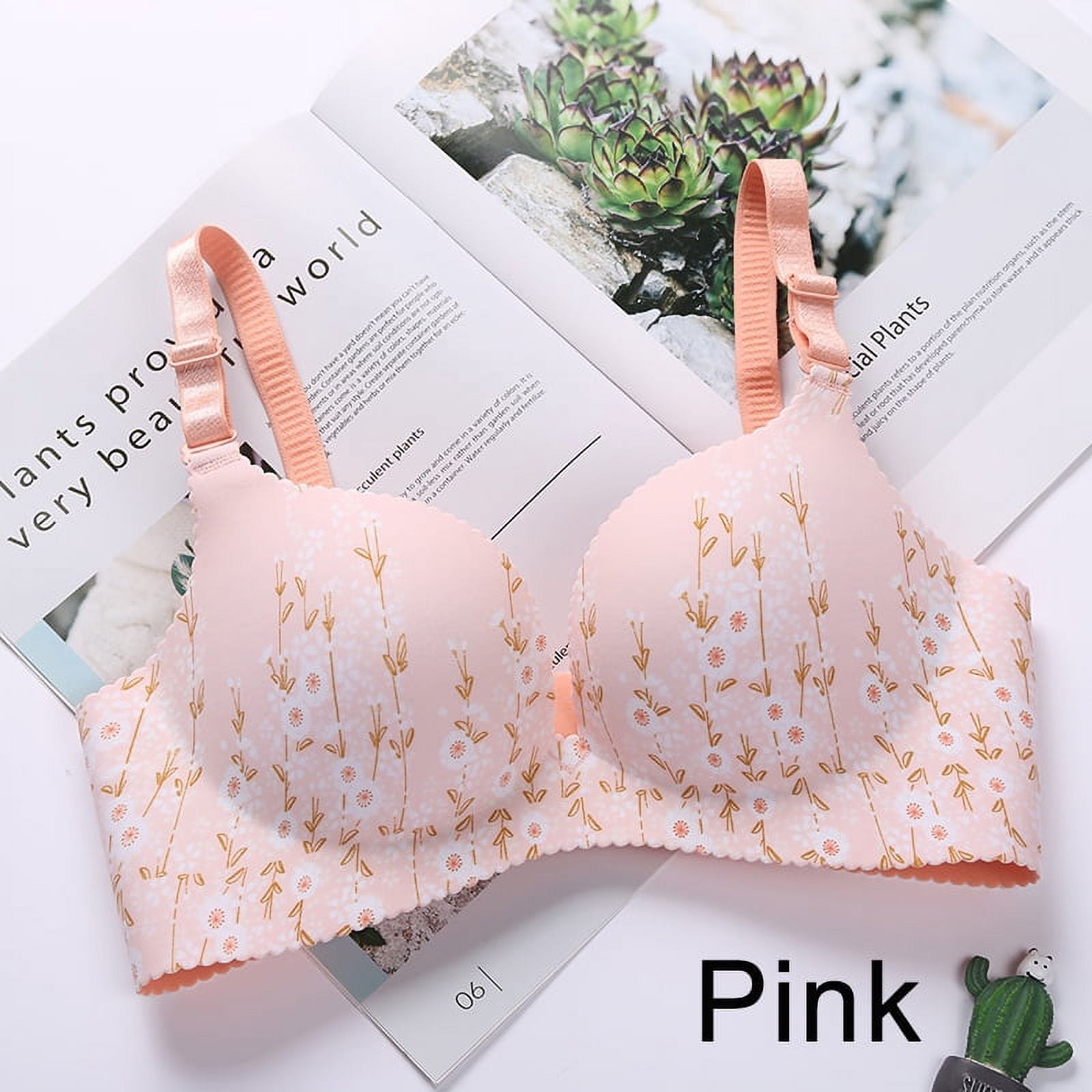 Floral Push Up Seamless Bra Sexy Lingerie Flower Print Gathered Bras  One-Piece Underwear Pink 38 C