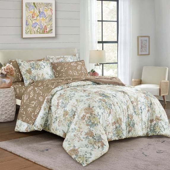 Floral Queen Comforter Set with Sheets - 5-Piece Taupe Bed in a Bag Set