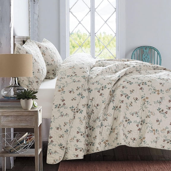 Floral Queen Quilt Set 3 Pieces Soft Lightweight Microfiber Bedspread Coverlet Vintage Floral Printed Bedding Set with Pillow Shams