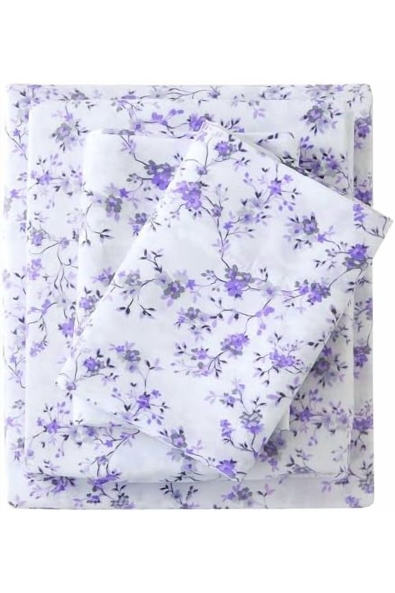 Floral Queen Sheet Set - 4 Piece Purple Lavender Botanical Patterned Bed Sheets - Soft, Breathable Microfiber Sheets with Deep Pocket, Non-Slip Fitted Sheets & Pillowcases