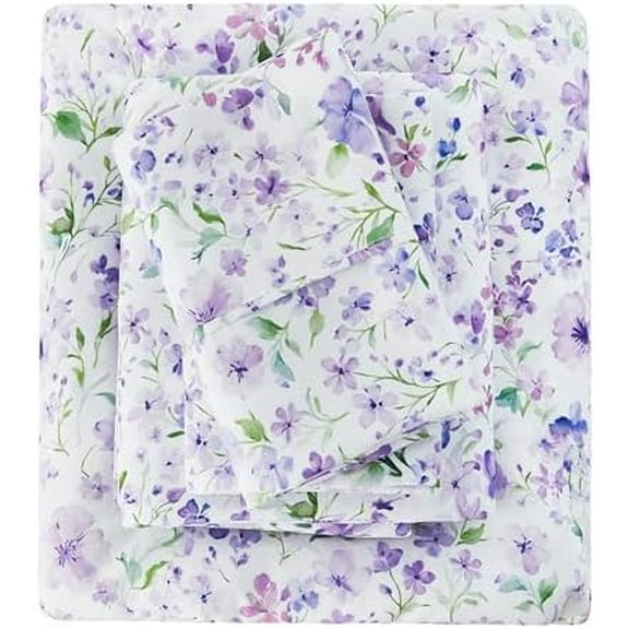 Floral Queen Sheet Set - 4 Piece Vintage Lavender Flower and Leaves Patterned Bed Sheets - Soft, Breathable Microfiber Sheets with Deep Pocket, Non-Slip Fitted Sheets & Pillowcases