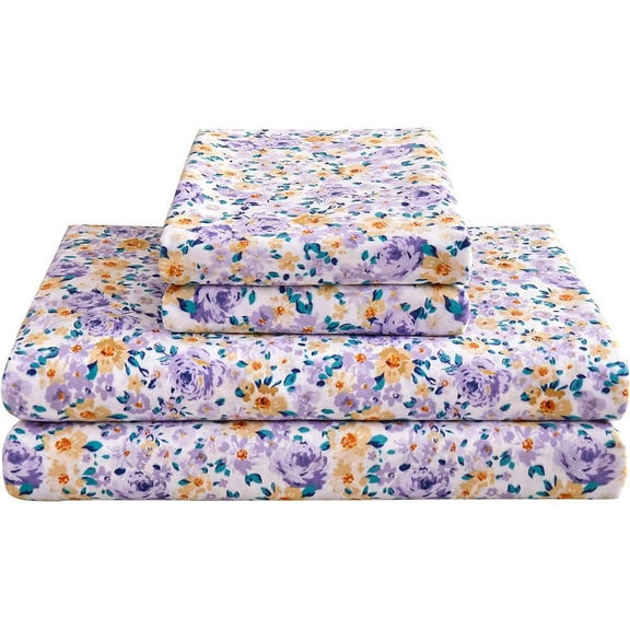 Floral Queen Sheets, Soft Breathable Microfiber Printed Bed Sheet Set, Deep Pocket Non-Slip Fitted Sheet Included