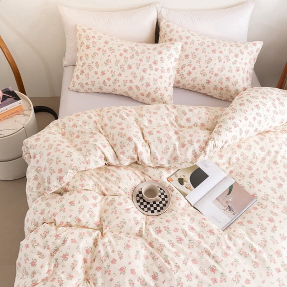 Floral Queen Size Comforter Set, Pink Flower Leaf Cute Pattern Printed Reversible Alternative Bedding Sets 3pcs, Soft Microfiber Vintage Cottagecore Bed Set for Women Teen Girls