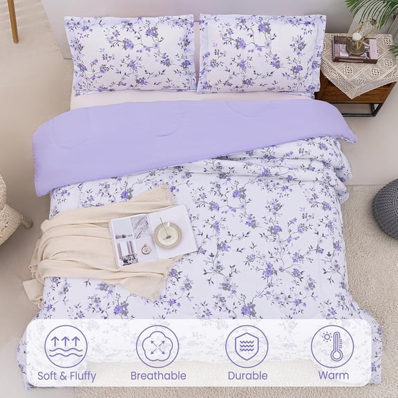 Floral Queen Size Comforter Sets, Lightweight  Lavender Botanical Printed Bedding for All Seasons, 3-Piece Vintage Bed in a Bag with Fluffy Quilted Reversible Comforter & 2 Pillow Shams