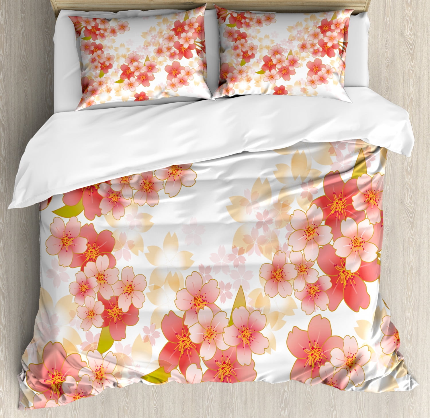 Floral Coral and Yellow Microfiber Queen Duvet Cover Set