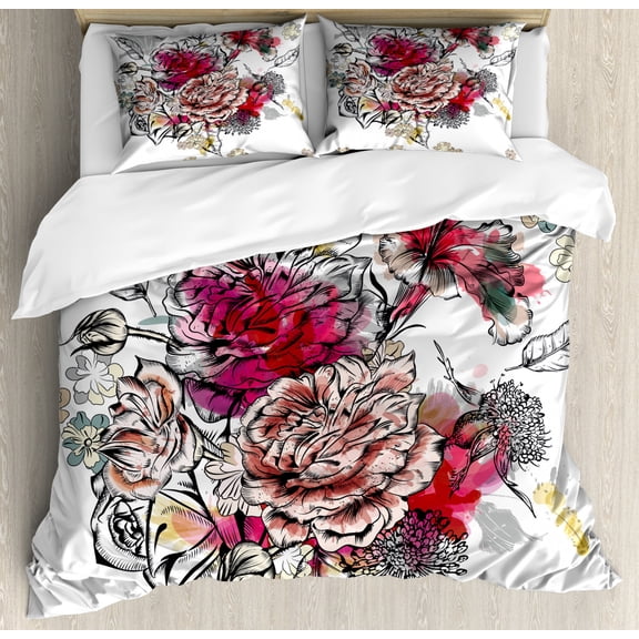Floral Queen Size Duvet Cover Set, Romantic Rose Petals Bouquet Bridal Wedding Themed Nostalgic Blooms in Mixed Colors, Decorative 3 Piece Bedding Set with 2 Pillow Shams, Multicolor, by Ambesonne