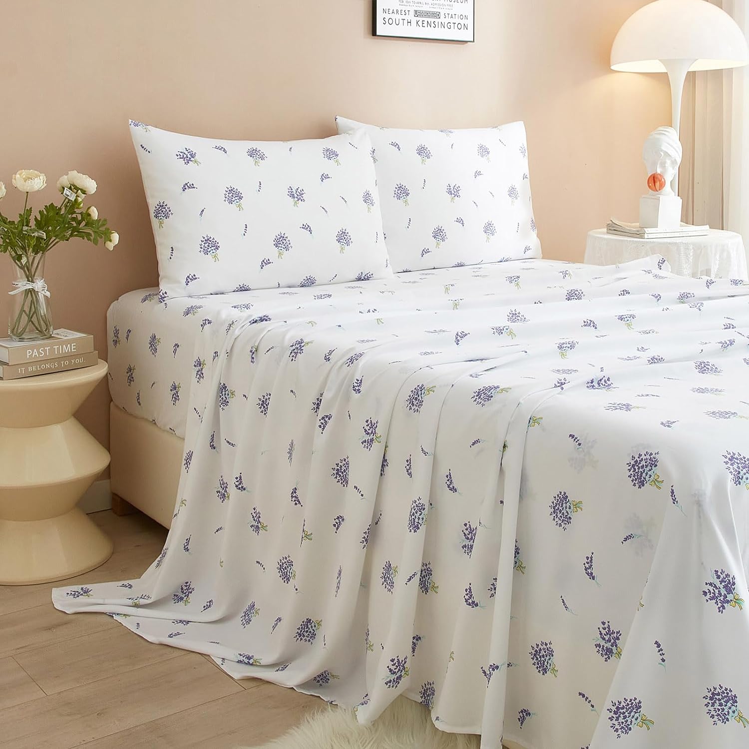 Floral Queen Size Sheets Set White 4 Piece Extra Deep Pocket Queen
