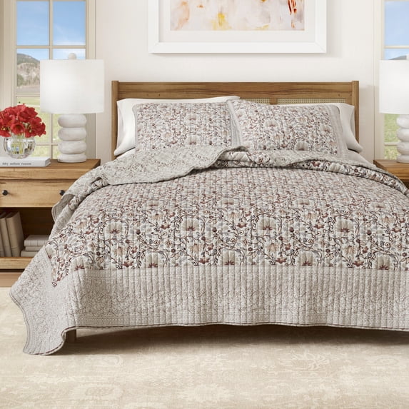 Floral Quilt Set - Lightweight, Soft, All-Season - 2-Piece Reversible Floral Bedding Set (Twin / Twin XL, Neutral Vines)