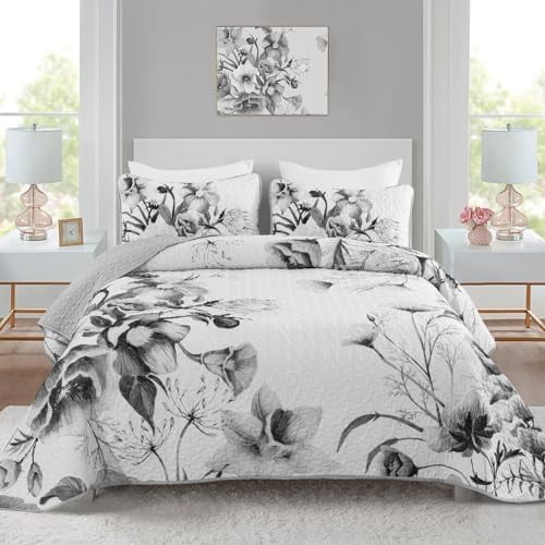 Floral Quilt Set Queen 3 Pieces Grey Floral Quilt Coverlet Set Soft Microfiber Lightweight White Quilted Bedspread for All Season 90"x96"