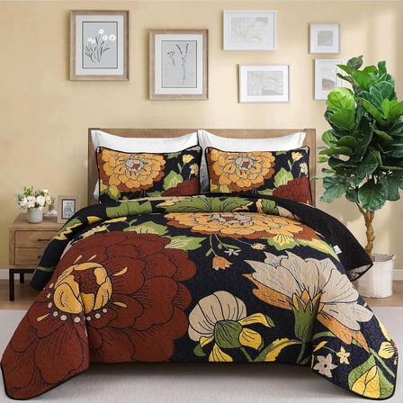 Floral Quilt Set Queen Size Black Boho Botanical Bedspread Coverlet Set 3 Pieces Bohemian Bedding Set for All Season