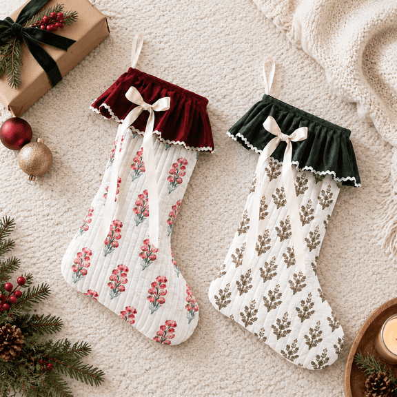 Floral Quilted Christmas Stockings, 17 Inch Ruffled Design with Bow Accent, Set of 2
