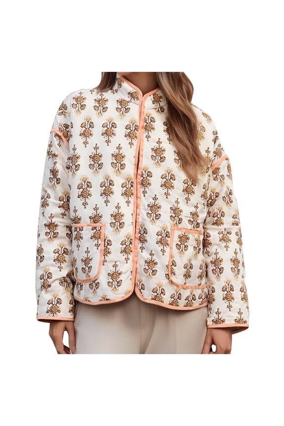 Floral Quilted Coat for Women Lightweight Long Sleeve Jacket Fall Winter Cropped Outwear Coat with Pockets Yellow L