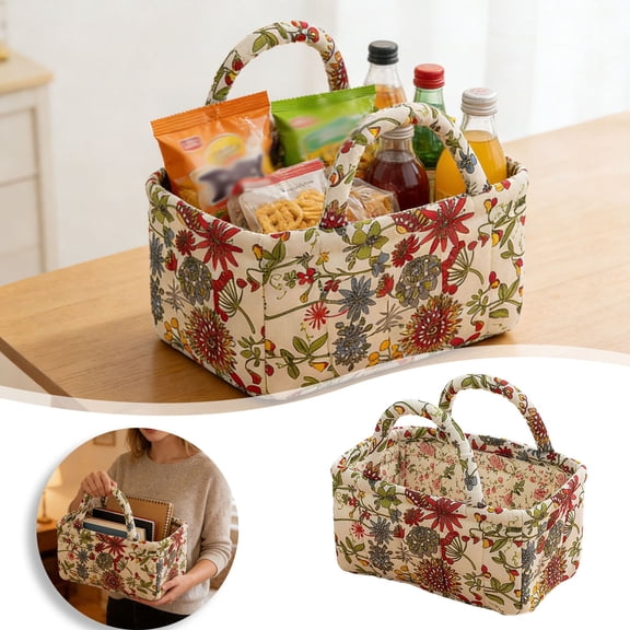 Floral Quilted Fabric Storage Basket with Handles Portable Rectangular Organizer Tote Boho Decorative Desktop Storage Bin For Bedroom Living Room Nursery