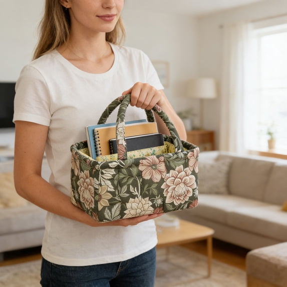 Floral Quilted Fabric Storage Basket with Handles Portable Rectangular Organizer Tote Boho Decorative Desktop Storage Bin For Bedroom Living Room Nursery