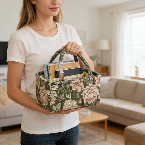 Floral Quilted Fabric Storage Basket with Handles Portable Rectangular Organizer Tote Boho Decorative Desktop Storage Bin For Bedroom Living Room Nursery