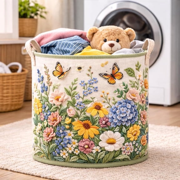 Floral Quilted Laundry Basket with Butterfly Garden Design, Fabric Laundry Hamper, Decorative Laundry Room Storage Bin, Nursery Organizer