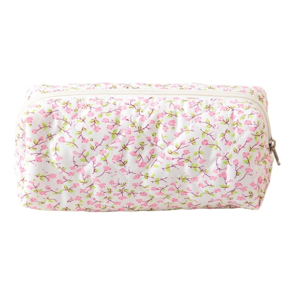 Floral Quilted Pencil Pouch Double Zipper Soft Fabric Pen Organizer Stationery Pink