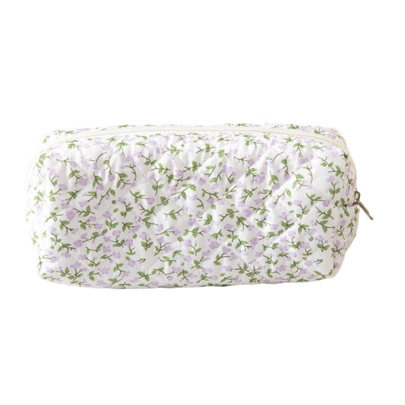 Floral Quilted Pencil Pouch Double Zipper Soft Fabric Pen Organizer Stationery Purple