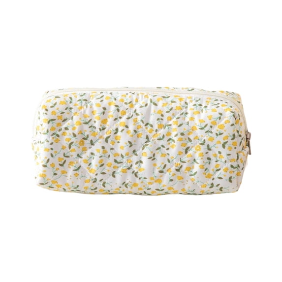 Floral Quilted Pencil Pouch Double Zipper Soft Fabric Pen Organizer Stationery Yellow