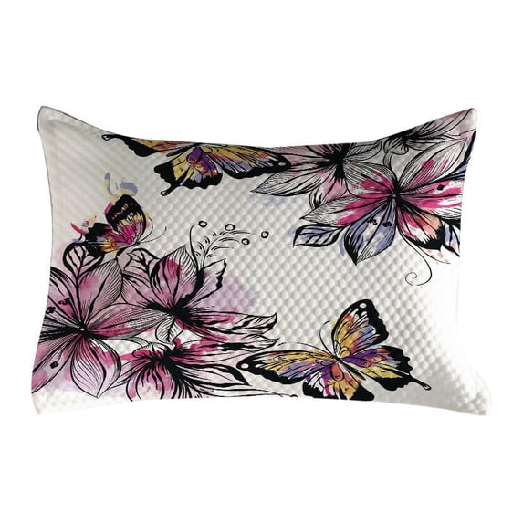 Floral Quilted Pillowcover, Flower Blooms Botany Bouquets Colorful Butterflies Paintbrush Watercolor Print, Standard King Size Accent Pillow Cover for Bedroom, 36" x 20", Multicolor, by Ambesonne