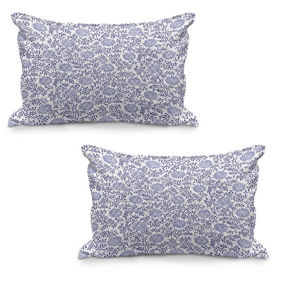 Floral Quilted Pillowcover Set of 2, Japanese Traditional Bluebells with Curved Flourishing Spring Branches, Standard Queen Size Pillow Cover Bedroom, 36" x 20", Dark Blue Muave White, by Ambesonne