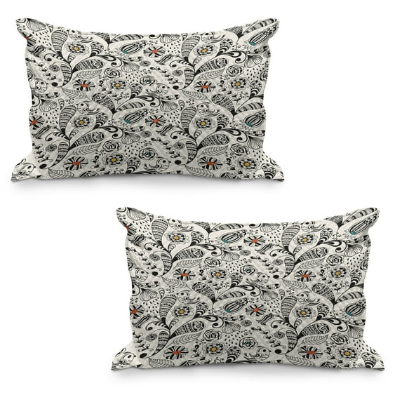 Floral Quilted Pillowcover Set of 2, Spring Foliage with Oriental Persian Effects Plants Nature Inspired, Standard Queen Size Pillow Cover for Bedroom, 36" x 20", Cream Grey, by Ambesonne