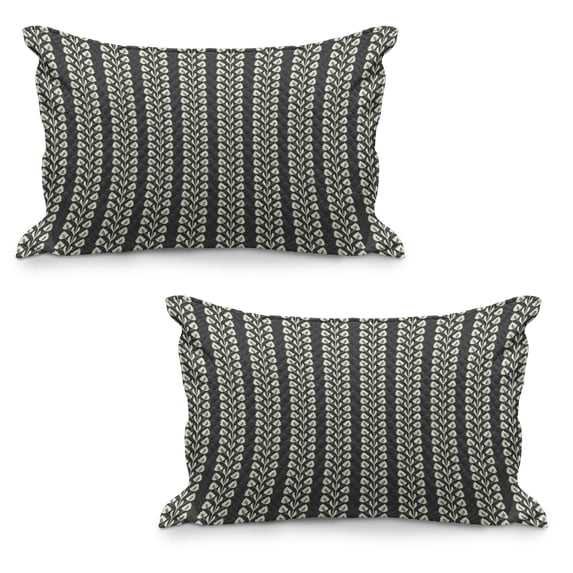 Floral Quilted Pillowcover Set of 2, Vertical Wavy Lines of Flourishing Spring Leaves on Branch Wavy Pattern Image, Standard Queen Size Pillow Cover Bedroom, 30" x 20", Black and White, by Ambesonne