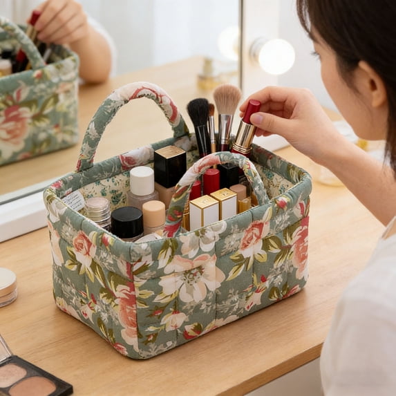 Floral Quilted Storage Basket Fabric Organizer Bin with Handles for Living Room Bedroom Nursery Home Decor