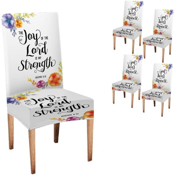 Floral Quote Dining Room Chair Slipcovers 4 Pack Joy of The Lord is My Strength Scripture Typography Stretch Spandex Kitchen Chair Slipcovers Removable Washable Geometric Parsons Chair Cover
