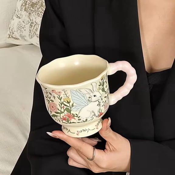 Floral Rabbit Ceramic Mug 11oz Adorable Coffee Tea Cup for Women