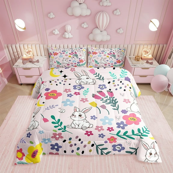 Floral Rabbit Comforter Twin Size,Pink Rabbit Comforter Set Teens , Bedding Set Printed Comforter with 1 Pillowcase,Down Alternative,(Pink锛孴win Size)