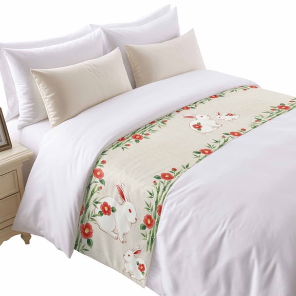Floral Rabbits Bed Runner for King Size Bed, Japanese Red Floral Rabbit Linen Texture Soft Bedding Scarf Bedding Protector Slipcover Sofa Throw for Bedroom Hotel Guesthouse