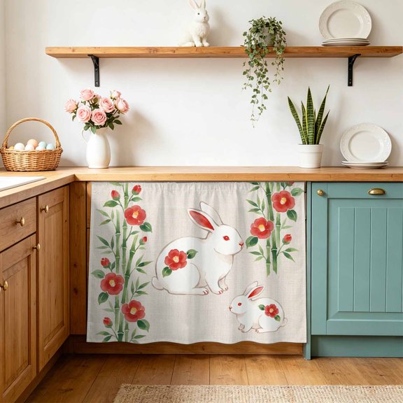 Floral Rabbits Cabinet Curtains 10" W x 11" L Japanese Red Floral Rabbit Linen Texture Waterproof Adhesive Kitchen Under Sink Curtain Dust-Proof Dishwasher Skirt for Closet