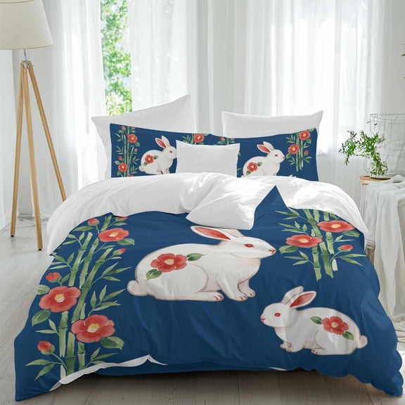 Floral Rabbits King Duvet Cover Set, Japanese Red Floral Rabbit Navy Blue 4 Piece Microfiber Bedding Set with Zipper Closure, Bed Sheet and 2 Pillow Shams, Soft Bedding Cover