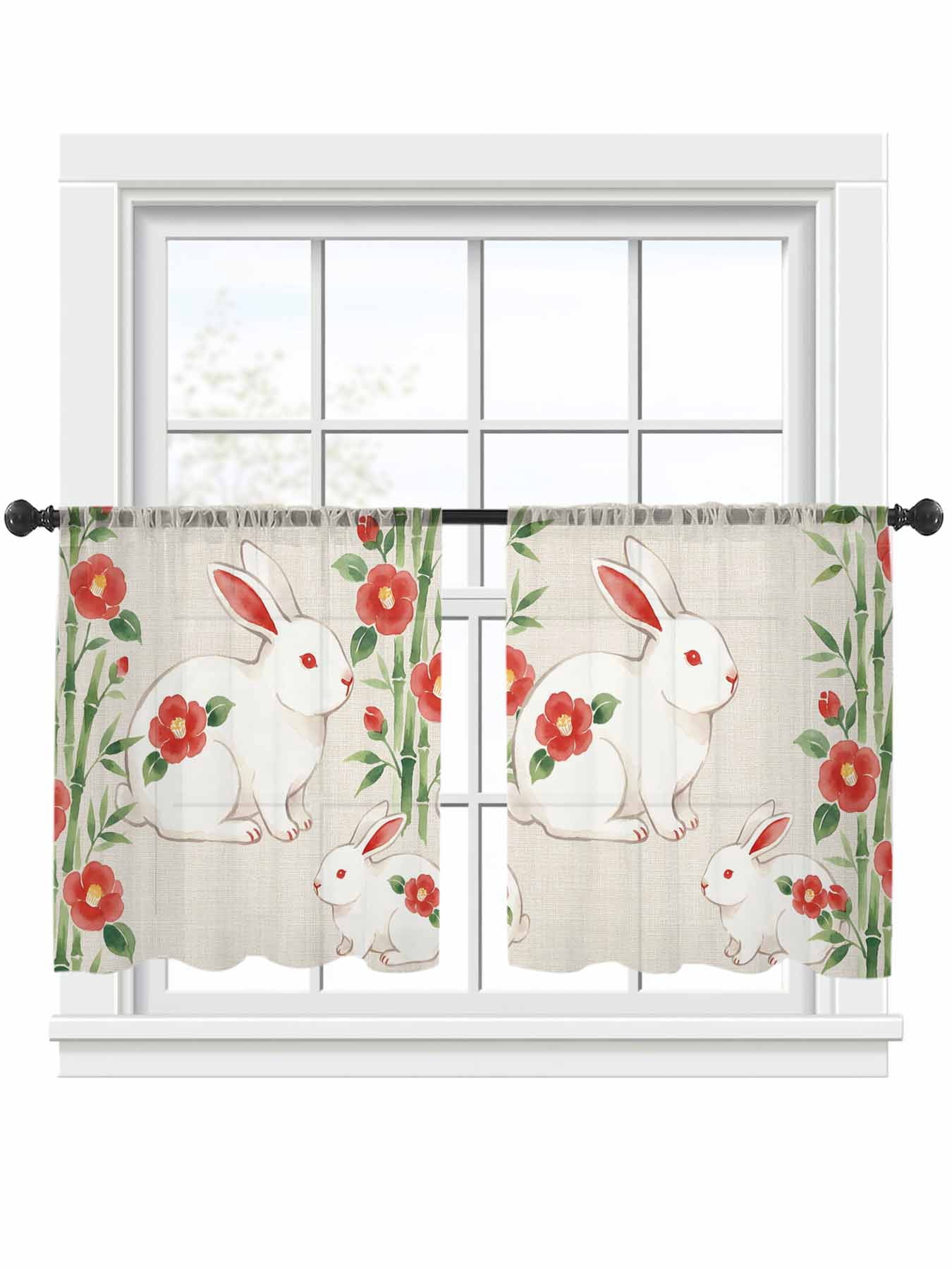Floral Rabbits Sheer Curtains 2 Panels Set Japanese Red Floral Rabbit Linen Texture Sheer Window Curtains Light Filtering Rod Pocket Voile Drapes for Bedroom Living Room 52"x54"