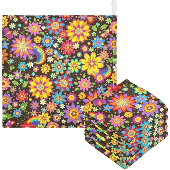 Floral with Rainbow Baby Muslin Washcloths Soft Absorbent Face Towel, Colorful Spring Flowers Burp Cloths Cotton Bath Wipes 5 PCS Infant Wash Cloth for Newborn Boys Girls 12x12 inches