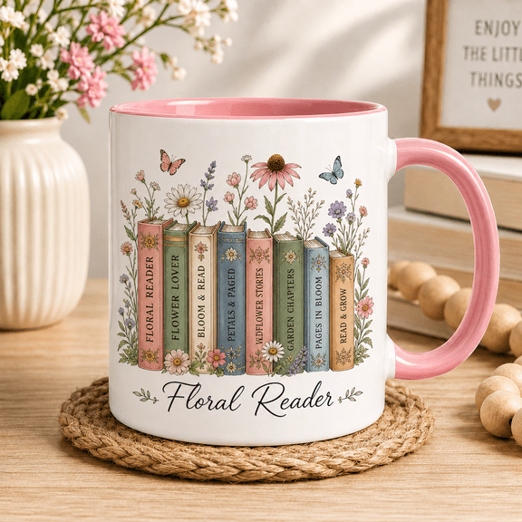 Floral Reader Ceramic Coffee Mugs Personalized Bookshelf Gift for Book Lovers and Librarians 11 oz 15 oz