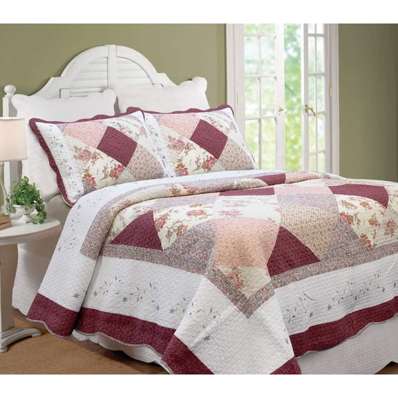 Floral Real Patchwork Burgundy Red Coral Pink Scalloped Edge Country 100% Cotton Quilt Bedding Set, Reversible Coverlet Bedspread (Georgia, King - 3 piece)