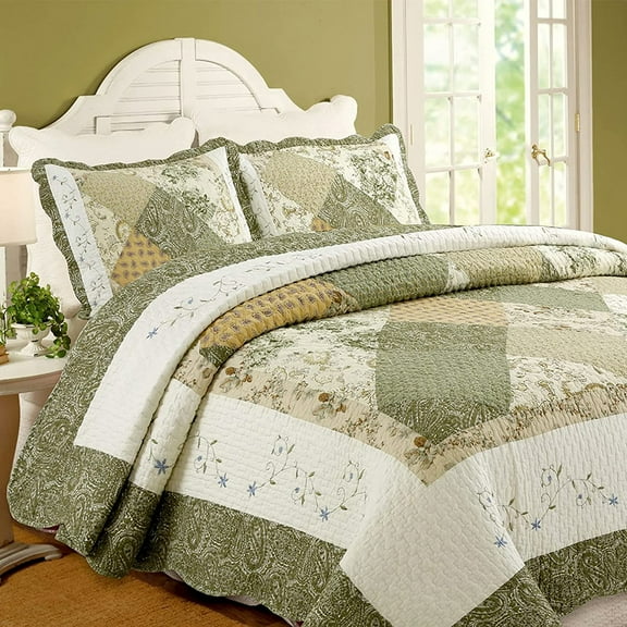 Floral Real Patchwork Green Beige Khaki Yellow Scalloped Edge Country 100% Cotton Quilt Bedding Set, Reversible Coverlet Bedspread (Laura, King - 3 Piece)