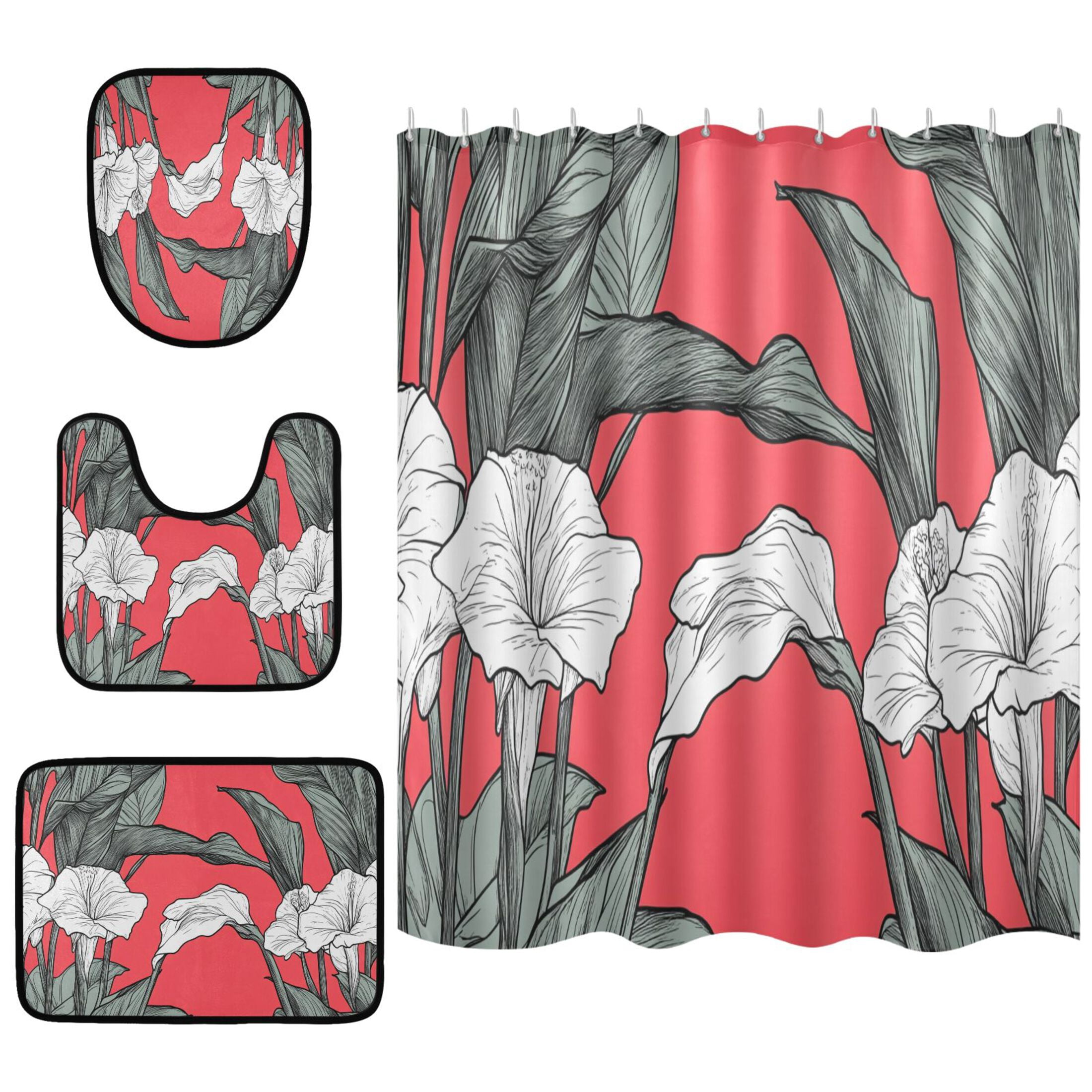 Floral Red Pattern 4 Piece Bathroom Set Waterproof Bath Curtain Anti-Slip Mats and Toilet Pad ...