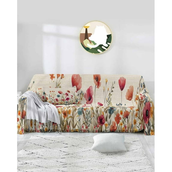 Floral Red Sofa Covers for 3 Cushion Couch,Washable Sectional & L Shape Couch Covers for Dog/Cat/Kid,Vintage Botanical Spring Summer Garden Herbs Non Slip Sofa Slipcover Tassel Futon Cover 71x150