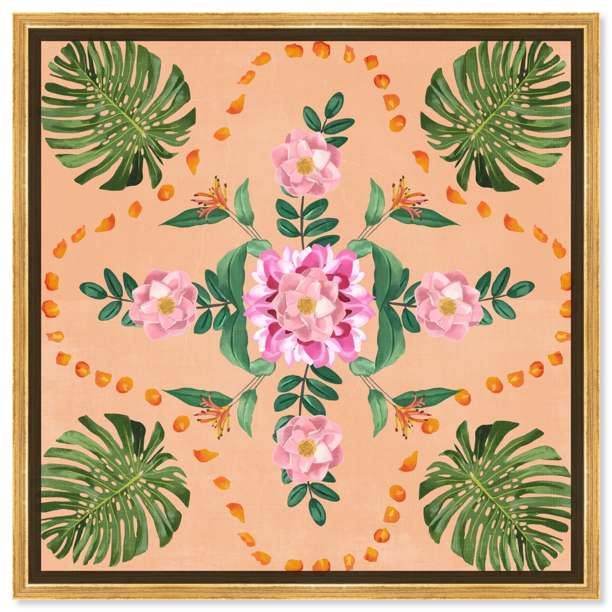 Floral Reef Pink and Green Canvas Boho Wall Art with Gold Frame